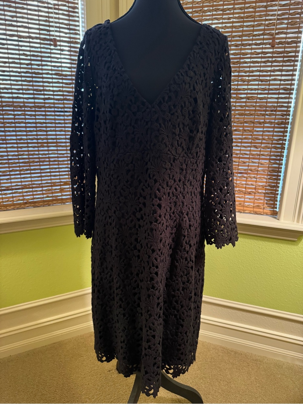 Chetta B Black Crochet V-Neck Long Sleeve Midi Dress